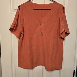 SHEIN Orange V-Neck Blouse with Button Detail